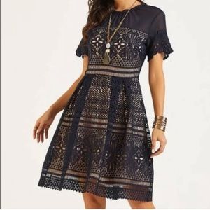 Suzanne‎ Betro~Navy Lace Overlay Knee Length Dress~Crochet Accents~Sz S